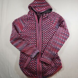 Handmade Wool blend Knit Hooded Zip Up Cardigan Pink Purple Geometric Sweater